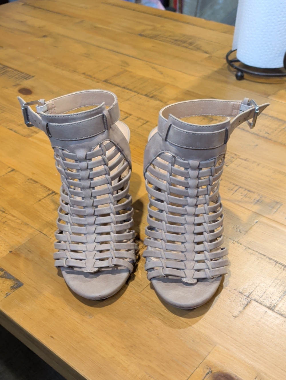 Woven Strappy Open-Toe Ankle Sandals in Taupe